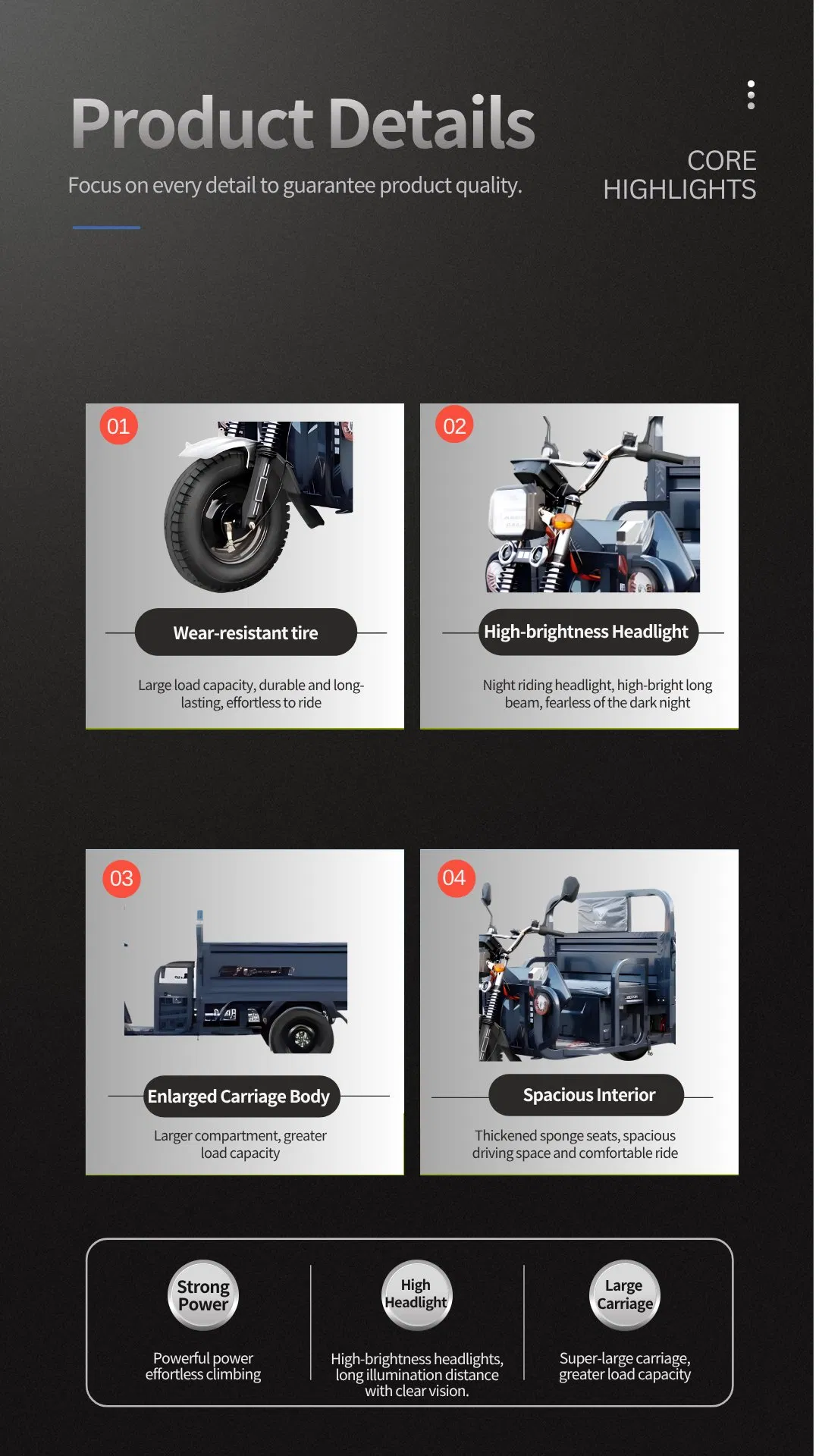 Agricultural Electric Tricycle Open Body 1.5m Cargo Box 800W - detail 2