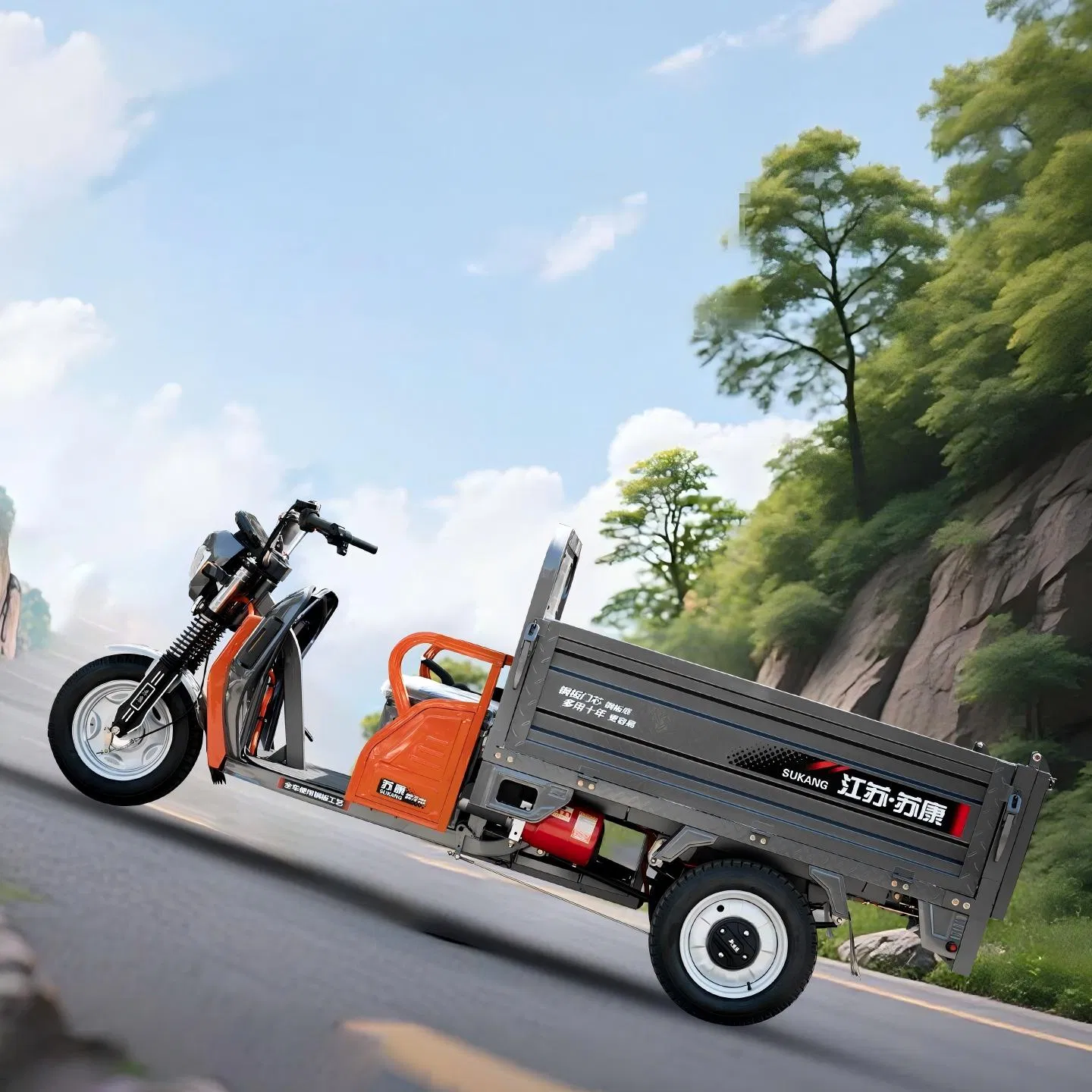 Heavy-Duty Electric Cargo Tricycle with Hydraulic Dump Function Reinforced Steel Box for Farm Construction - Image 3